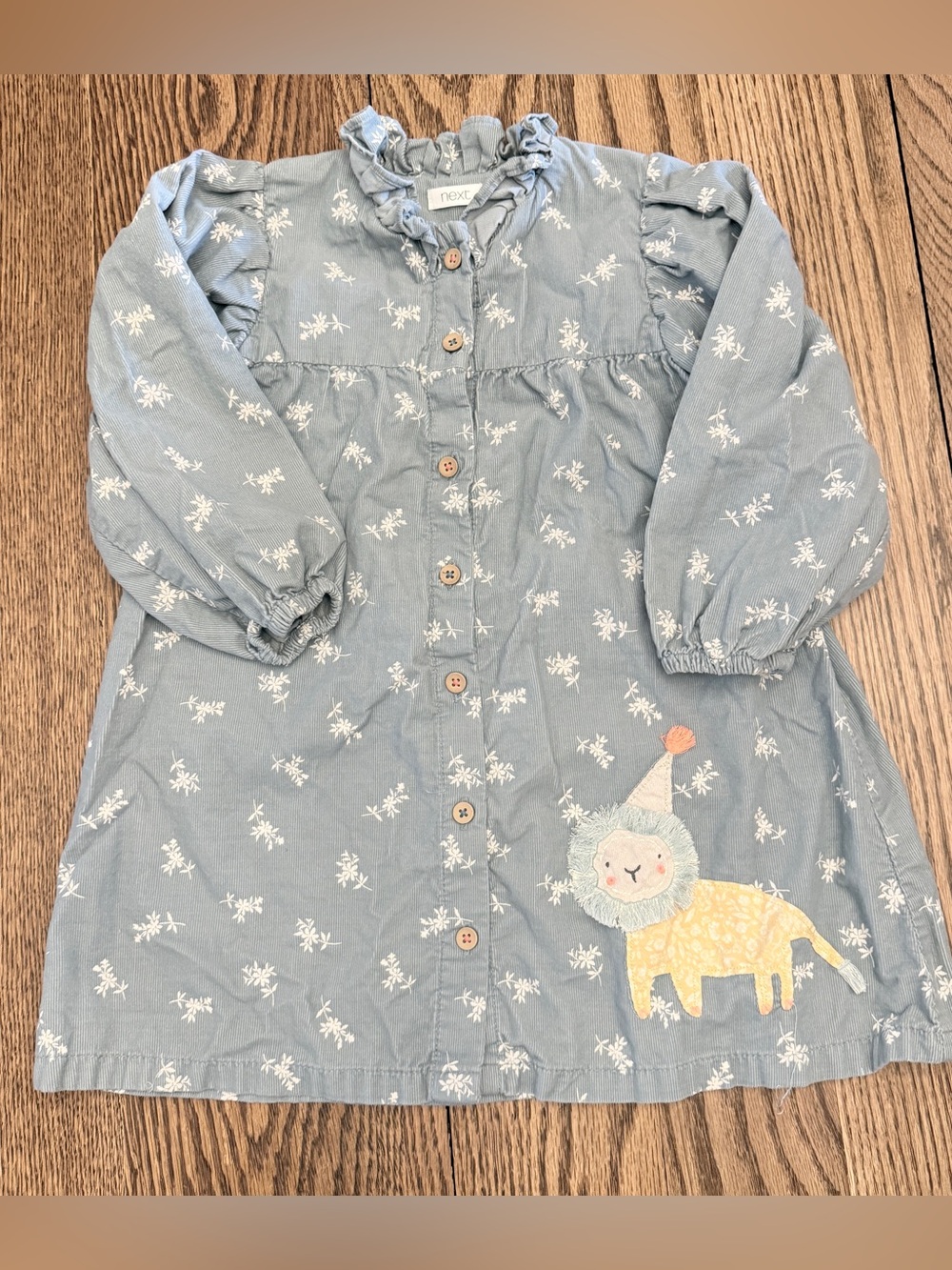 Next UK Blue Corduroy Floral Long Sleeve Toddler Button Dress with Lion Sz 3/4